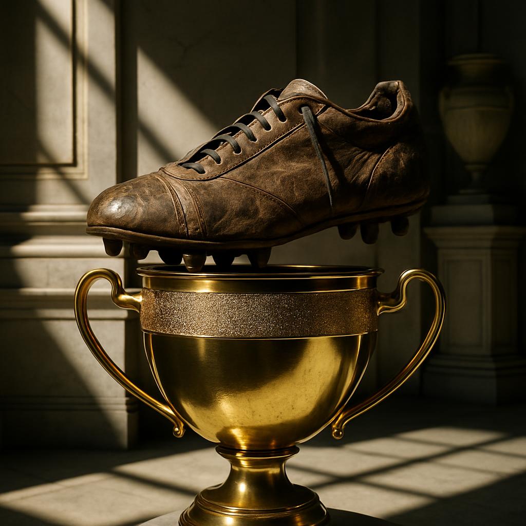 Vieille chaussure de foot sur un trophée d'or, à l'intérieur d'un bâtiment tapissé de murs et de colonnes.